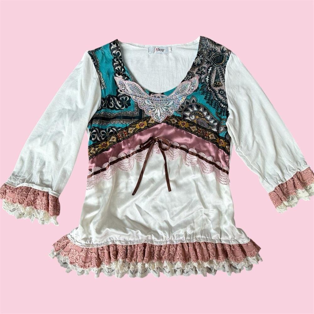 Euro Alexo fairycore white blouse with pink lace trim